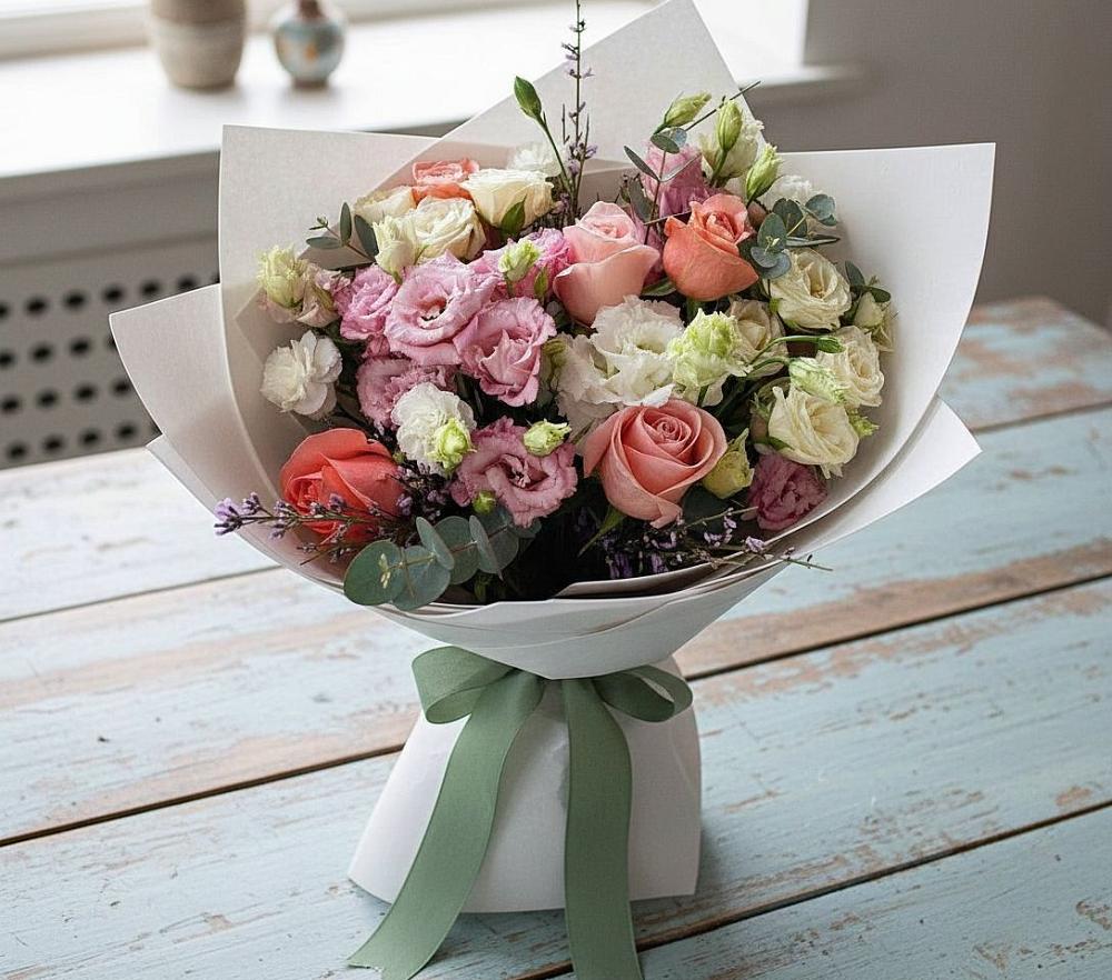 Букет цветов из: Розы, Лизиантусы и Гвоздики в Богословке Пензенской области