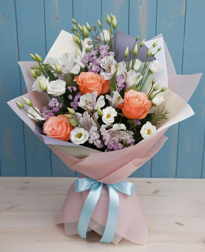 Букет цветов из: Лизиантусы, Розы, Альстромерии и Гипсофила в Богословке Пензенской области