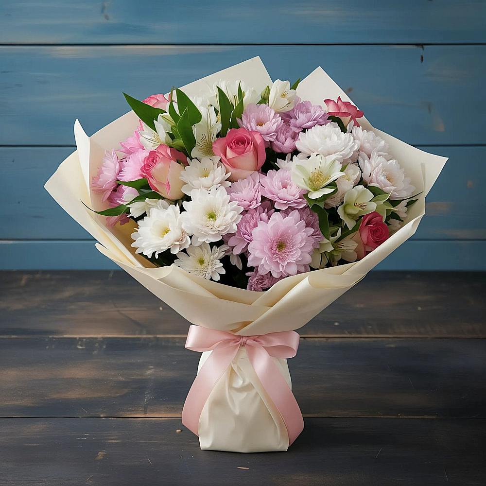 Букет цветов из: Хризантемы, Альстромерии и Розы в Богословке Пензенской области